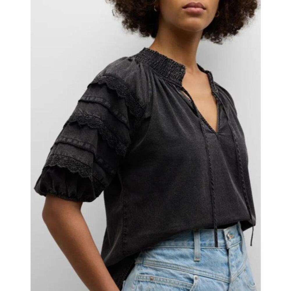 Rails Amity Top Charcoal Black Puff Sleeve Tie Neck Womens XS